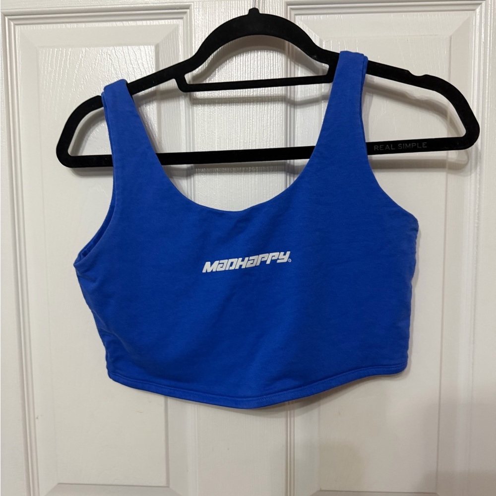 MADHAPPY cropped blue spell out tank top size medium